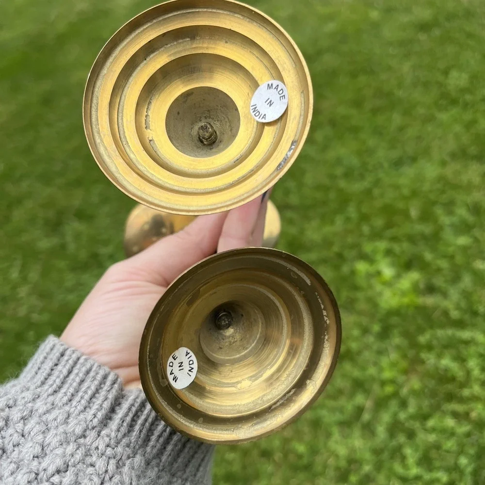 Brass Candlestick Candle Holders‎ Spiral Twisted MCM India Vtg Pair Offset